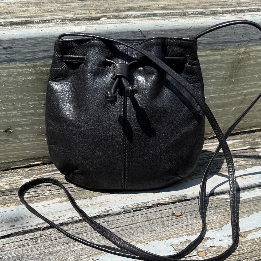 Black Leather Crossbody Bag Drawstring Small Purse India Handbag